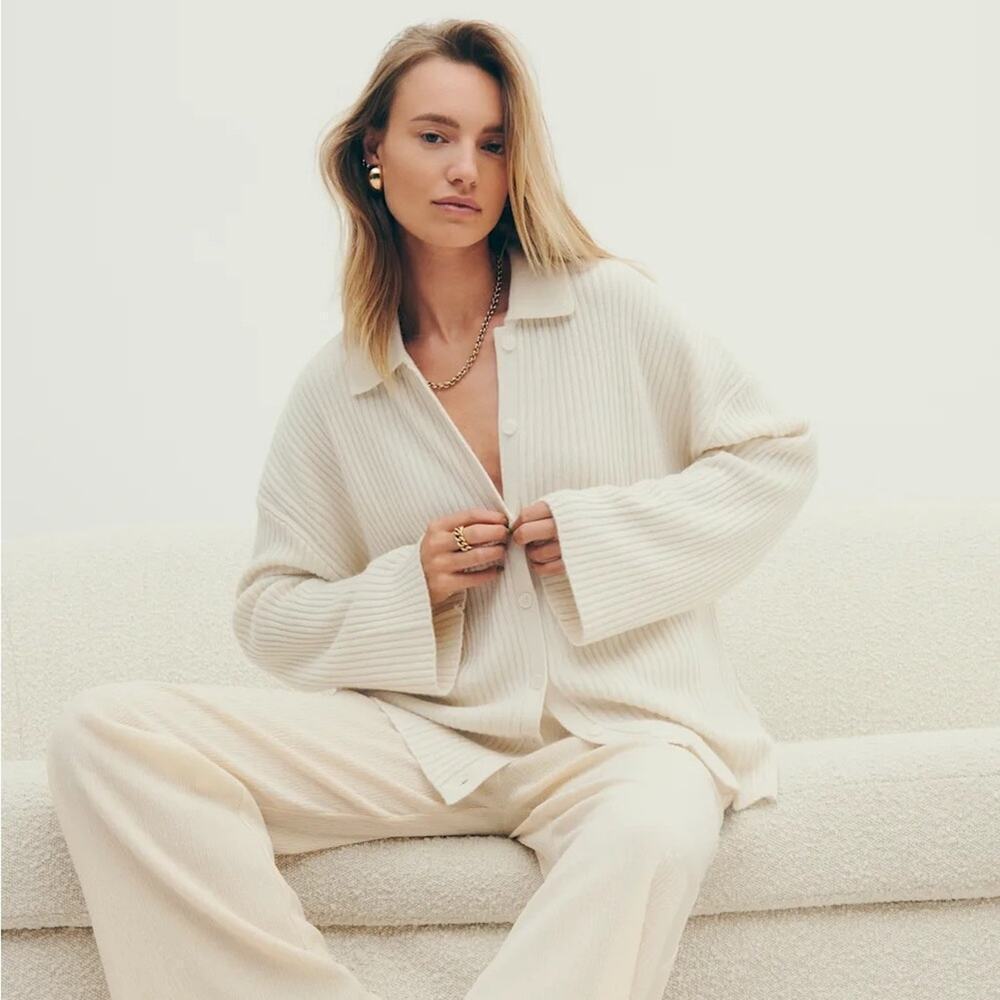 Reformation Fantino Cashmere Polo Collar Knit Button Cardigan Sweater Gossamer